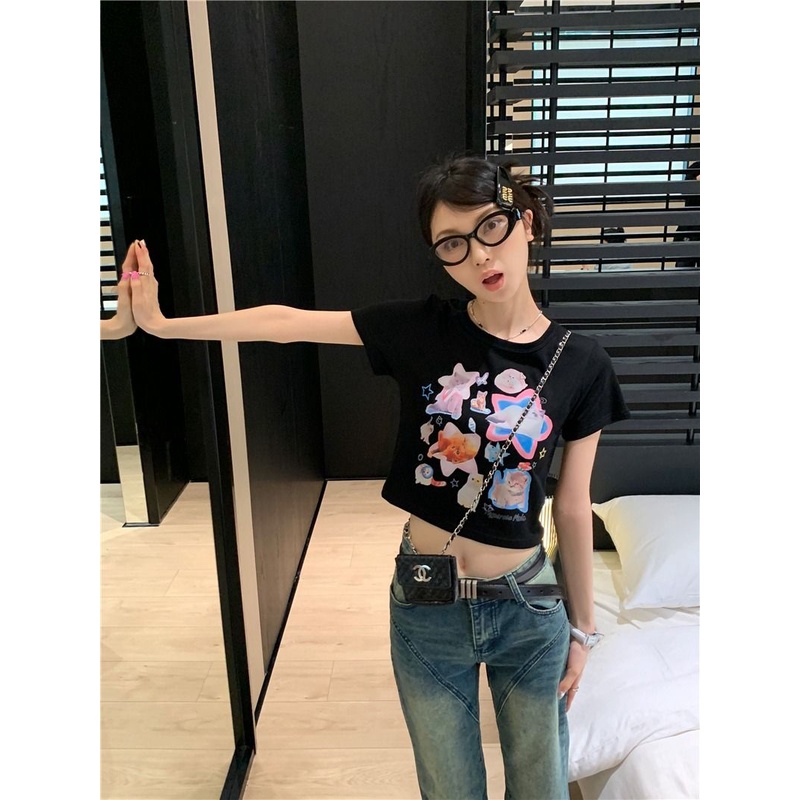 Áo Baby Tee Thun Croptop Nữ Tay Ngắn Hở Vai Dáng Ôm In Hình Mèo Thời Trang Mùa Hè Hàng Mới Dành Cho Bạn Nữ