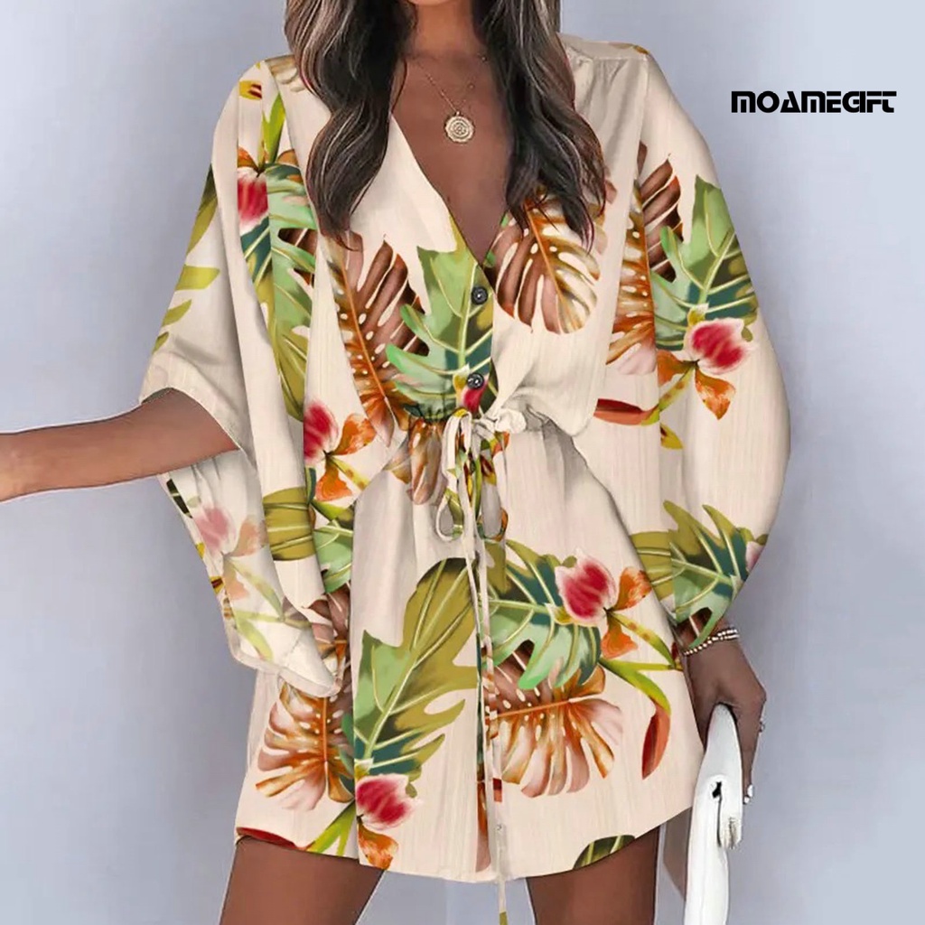 Đầm Tay Bay Cổ Chữ V In Họa Tiết Hình Học Dây Rút Thời Trang Mùa Hè