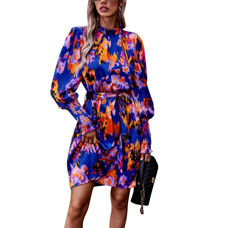 Đầm Chữ A Tay Dài Cổ Nhún Bèo In Họa Tiết Hoa Tinh Tế Thời Trang Xuân Hè Cho Nữ