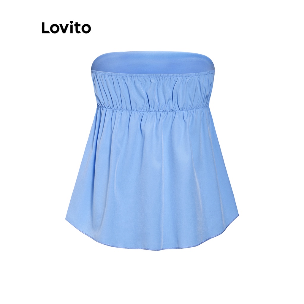 Lovito Áo ba lỗ xếp nếp trơn phối nút Preppy cho Nữ L56ED017 (Màu xanh da trời)