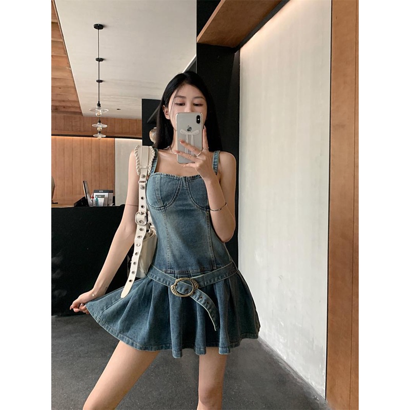 Váy Yếm Denim Ngắn Dáng Chữ A Phong Cách Retro Thời Trang Mùa Hè Mới 2023 Dành Cho Bạn Nữ