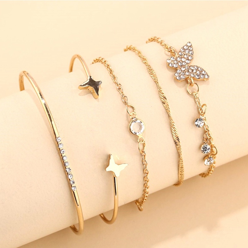 Ygt Set 5 Vòng Tay Hở Họa Tiết Bướm Đính Đá Phong Cách Bohemian Hàn Quốc