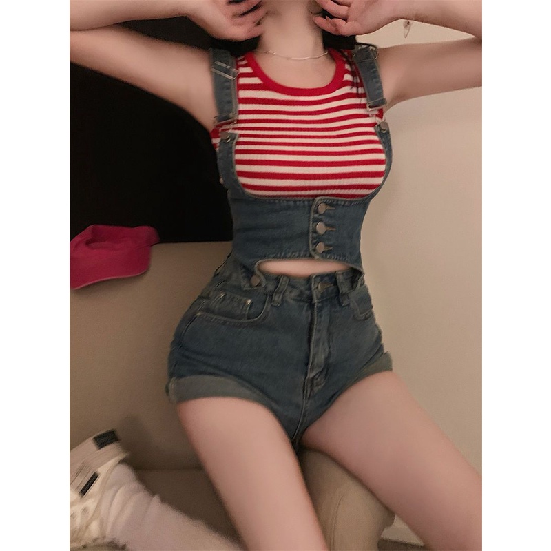 [Quần Yếm Ngắn] Quần Yếm Denim Ngắn Mỏng Eo Cao Ống Thẳng Xoăn Retro Mùa Hè Có Thể Tháo Rời Độc Đáo Cho Nữ
