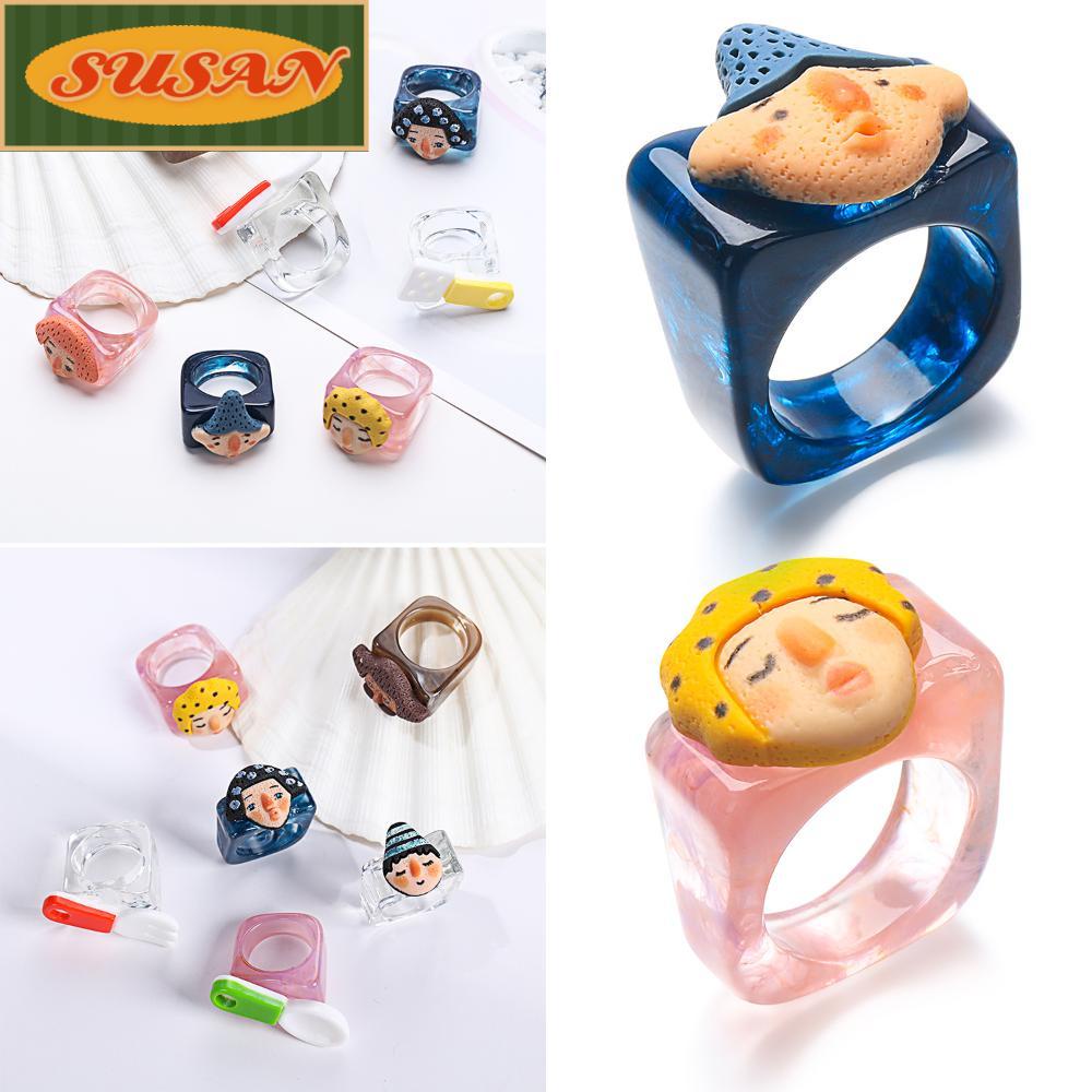 SUSANS Nhẫn Nhựa Acrylic Trong Suốt Họa Tiết Hoạt Hình Nhiều Màu Sắc
