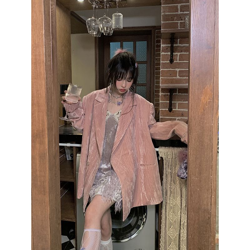 Đầm Nhung Ngắn Hai Dây Hình Vuông Màu Tím Thời Trang Mùa Xuân Niche 4OGU