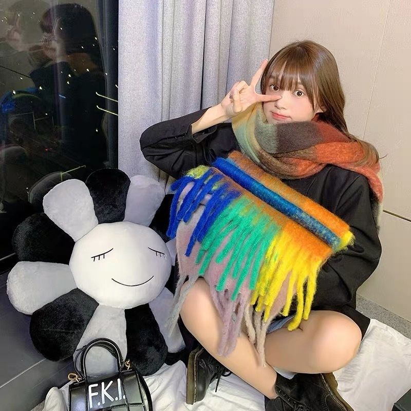 Khăn Choàng Cổ Hai Chức Năng Dày Dặn Họa Tiết Kẻ Sọc Màu Ấm Áp Mùa Đông Phong Cách Hàn Quốc Dành Cho Bạn Nữ