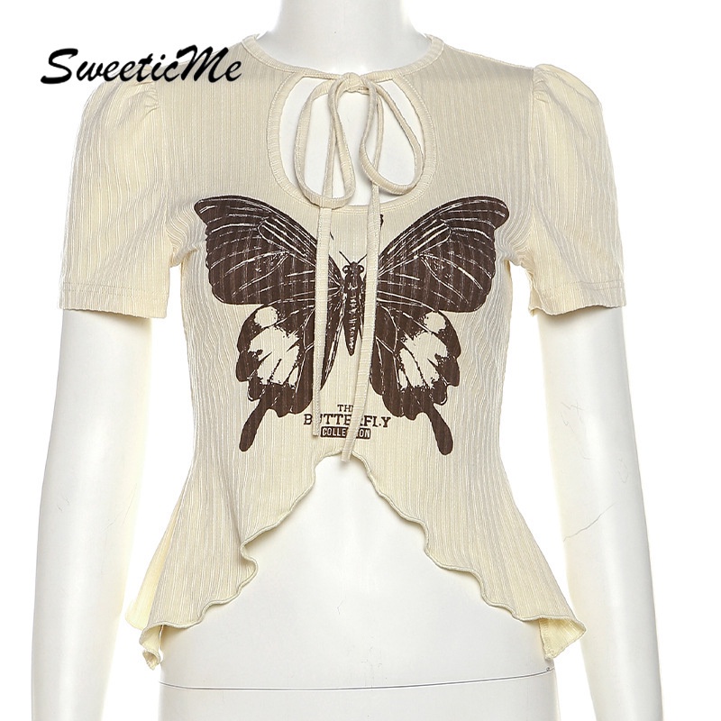 Áo Thun Tay Ngắn Cổ Tròn Cột Dây Họa Tiết Bướm Thời Trang 2023 Quyến Rũ Cho Nữ