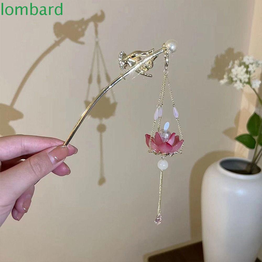 LOMBARD Trâm Cài Tóc Đính Hạt Và Đèn LED Hình Hoa Sen Phối Tua Rua Phong Cách Trung Hoa Ngọt Ngào Cho Nữ