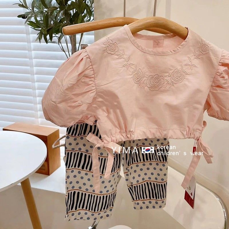 Set Áo Tay Phồng Thêu Hoa + Quần Dài Chấm Bi Chống Muỗi Thời Trang Mùa Hè Phong Cách Hàn Quốc Cho Bé Gái