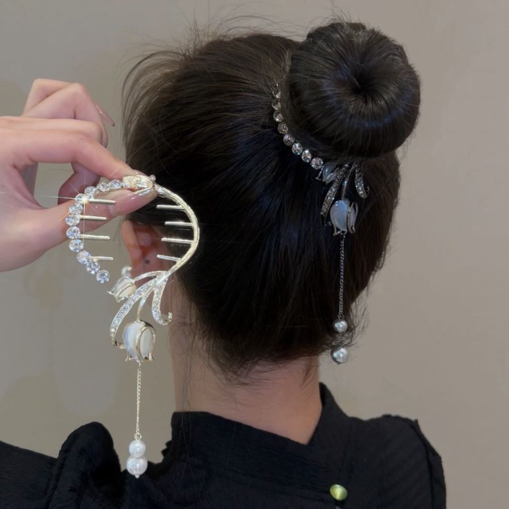 Kẹp Tóc Hoa Tulip Đính Ngọc Trai Giả Phối Tua Rua Phong Cách Cổ Điển Thời Trang Cho Nữ