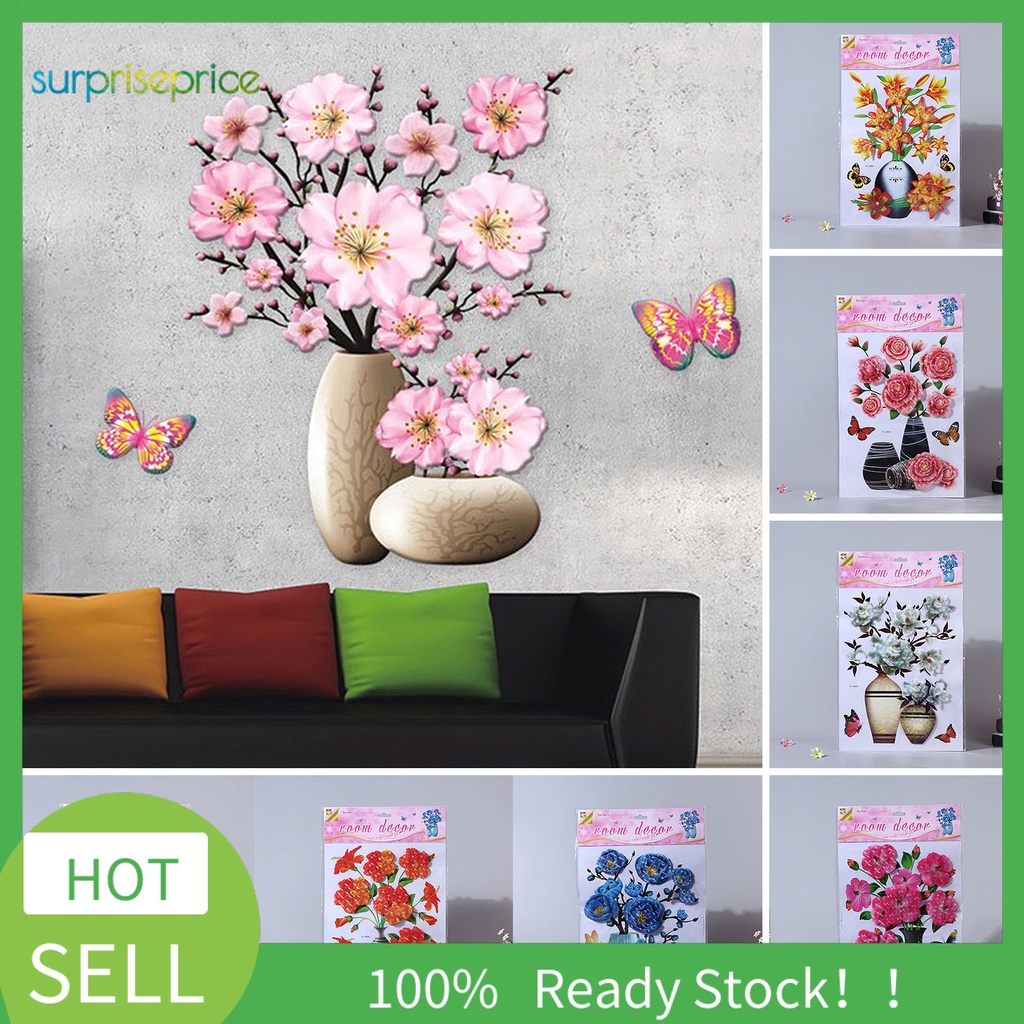 Miếng Dán Tường Hình Lọ Hoa Và Bướm 3D DIY Chống Nước Có Thể Tháo Gỡ Trang Trí Nhà Cửa