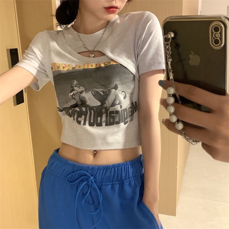 Áo Thun Cotton Ngắn Tay Giả Hai Lớp Dáng Ôm Thời Trang Cho Nữ