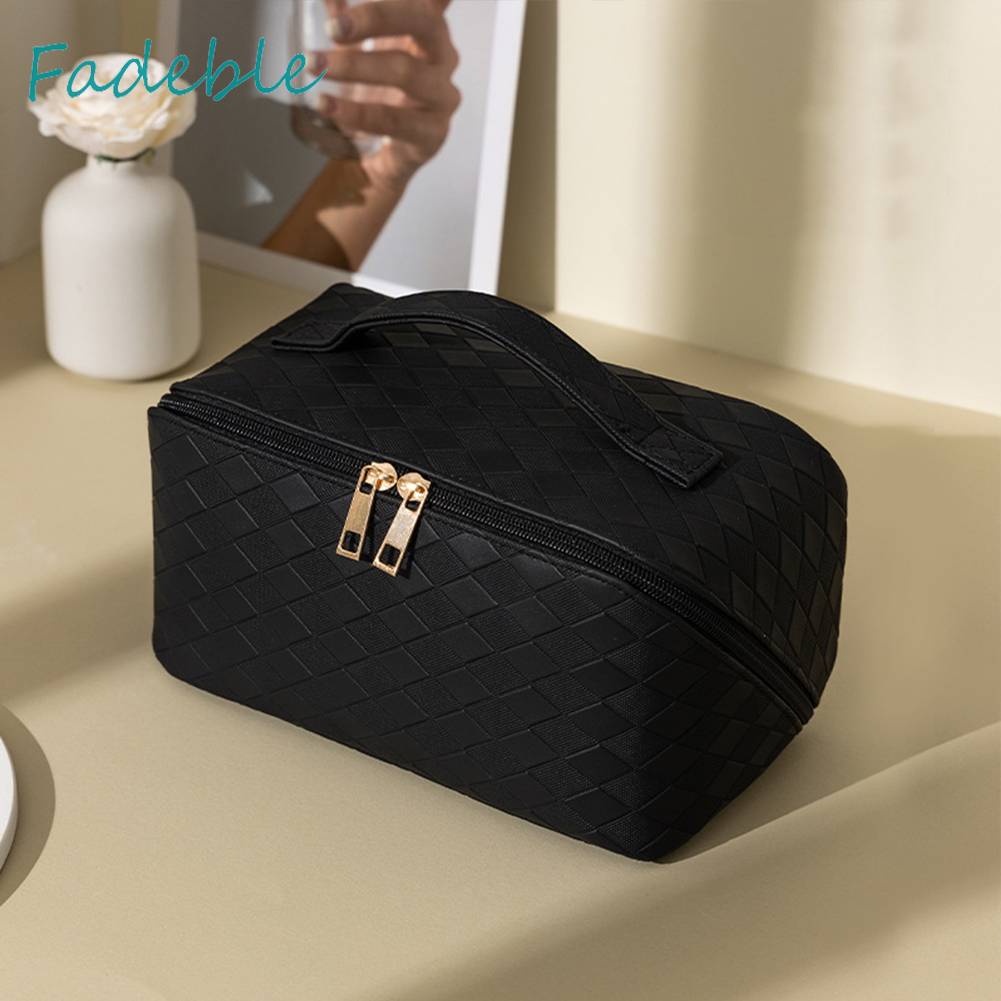 Túi Đựng Mỹ Phẩm Bằng PU Sức Chứa Lớn Họa Tiết Sọc Caro Tiện Dụng Cho Nữ