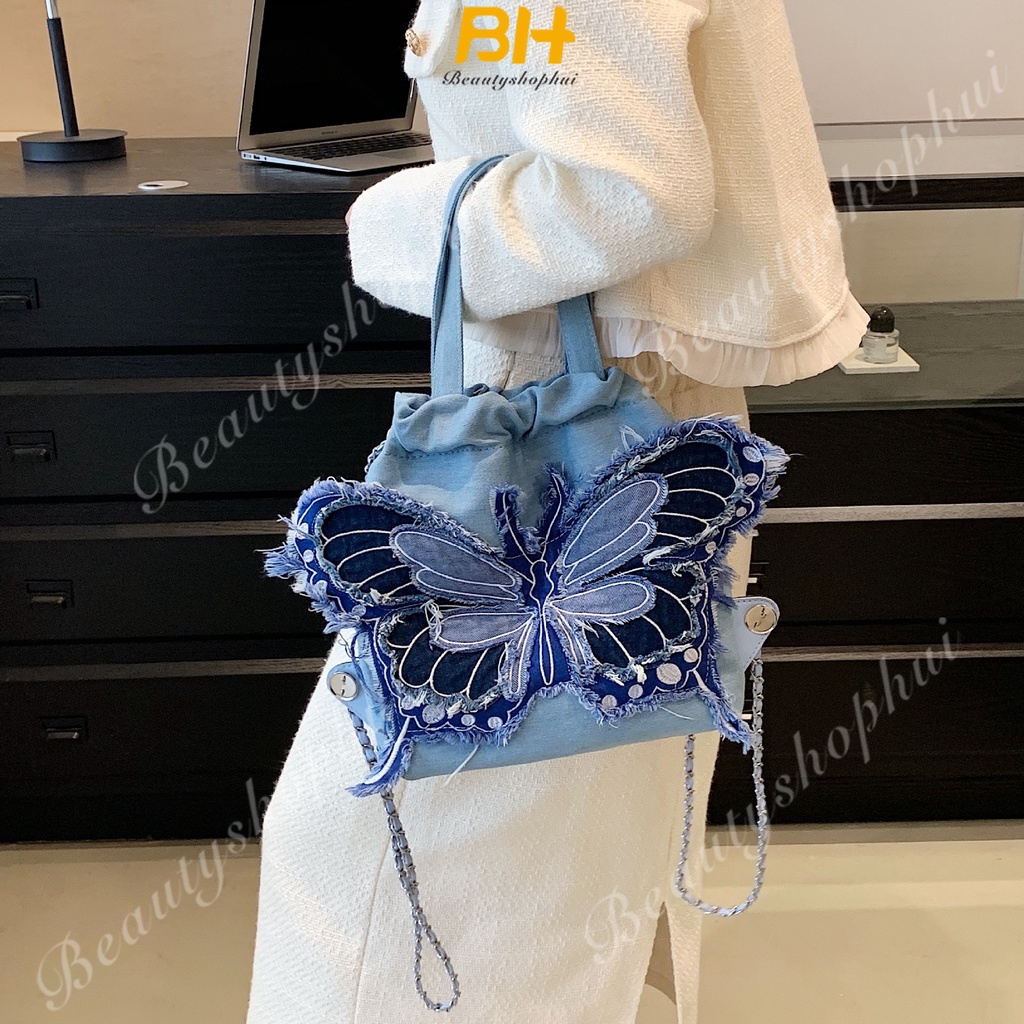 Ba Lô Denim Họa Tiết Bướm Phối Dây Xích Thời Trang 2023 Chất Lượng Cao
