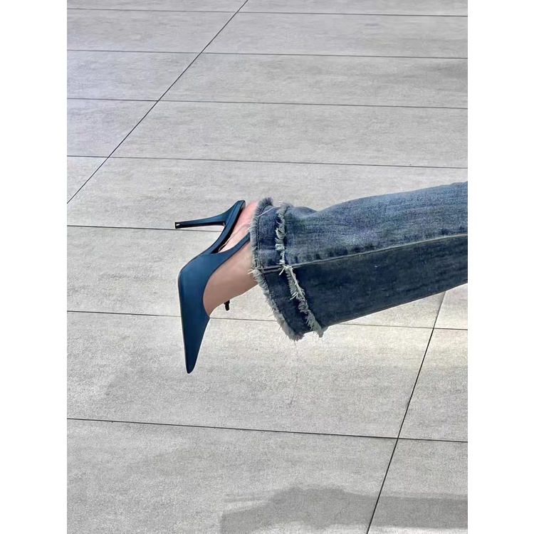 Giày Cao Gót Da PU Mũi Nhọn Màu Trơn Thời Trang Mùa Hè Pháp