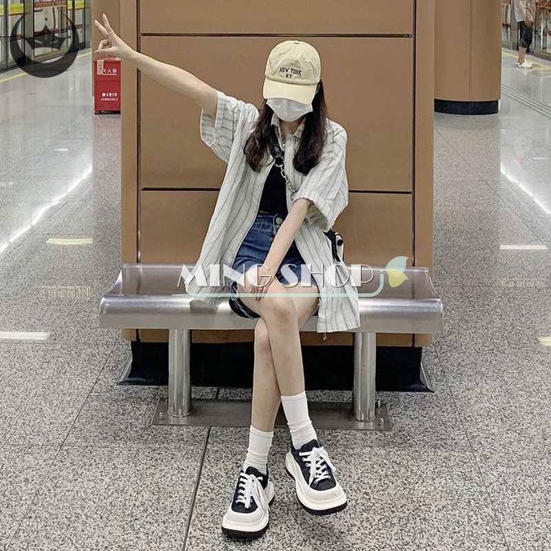 Áo Sơ Mi Tay Ngắn Dáng Rộng Họa Tiết Kẻ Sọc Thoáng Khí Phong Cách Retro Cho Nữ