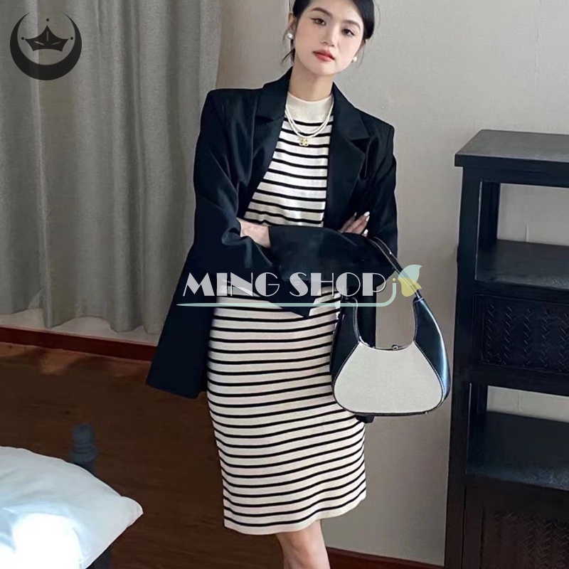 Đầm Ngắn Tay Họa Tiết Kẻ Sọc Đơn Giản Mẫu Mới 2023 Thời Trang Mùa Hè Cho Nữ