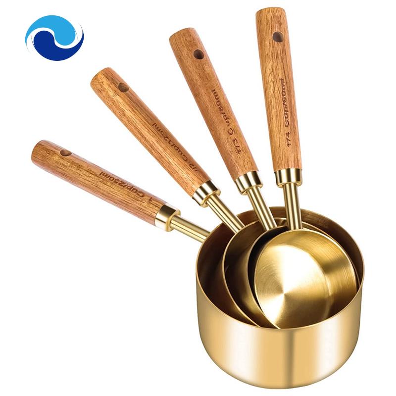 Bộ 8 Muỗng Đo Lường Với Tay Cầm Bằng Gỗ Và Thép Không Gỉ Tiện Dụng Cho Nấu Nướng