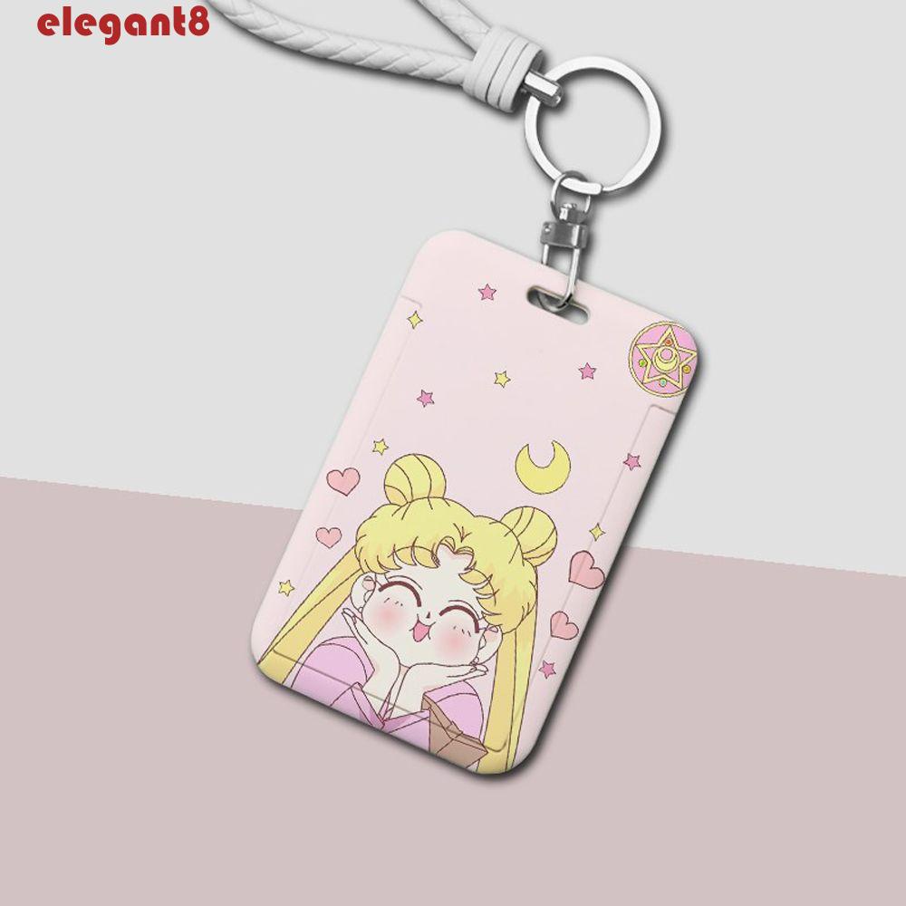 ELEGANT Ví Đựng Thẻ Họa Tiết Hoạt Hình Thủy Thủ Mặt Trăng Dễ Thương Kèm Dây Đeo Và Móc Khóa Tiện