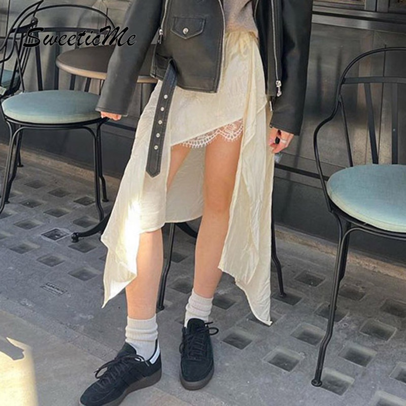 Chân Váy Ren Dài Lưng Thấp Màu Trơn Thời Trang Mới 2023 Cho Nữ