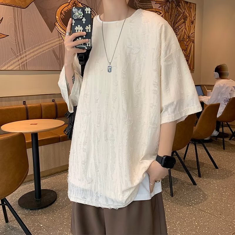 Áo Thun Tay Lửng Rách Lỗ Phong Cách Đường Phố Cá Tính