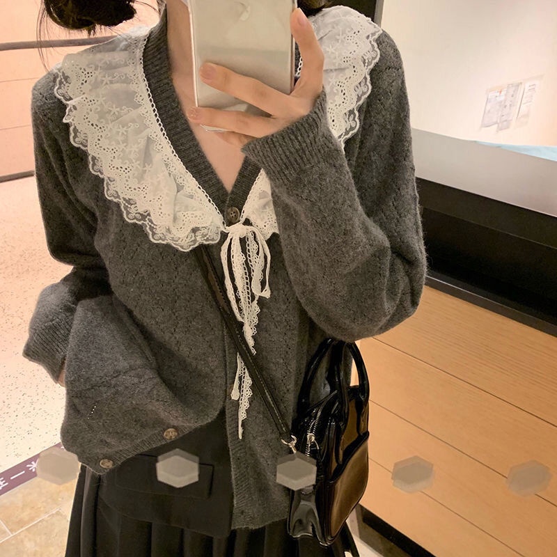 Áo Khoác Cardigan Dệt Kim Tay Dài Cổ Chữ V Phối Ren Phong Cách Nhật Bản Thanh Lịch Cho Nữ