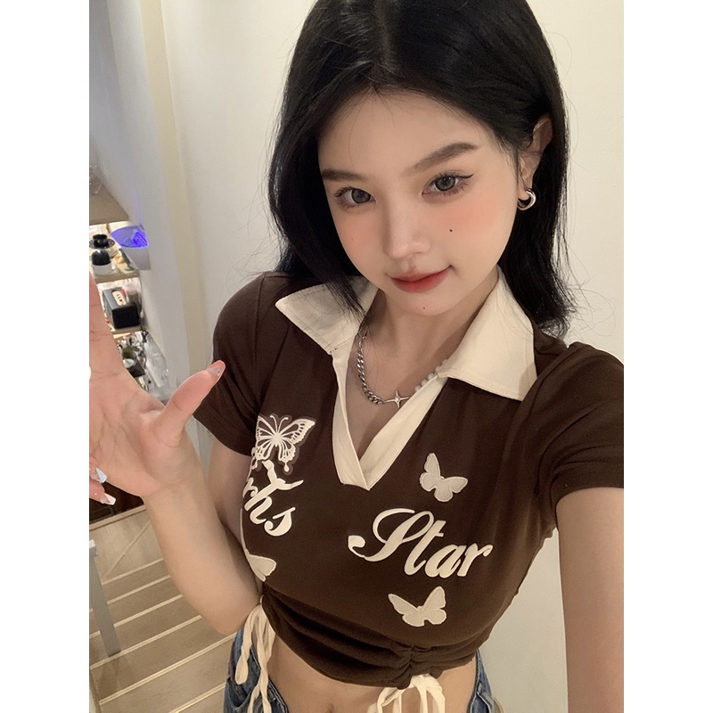 SUXI Áo polo Tay Ngắn Vải Cotton Dáng Ôm In Họa Tiết Dễ Phối Đồ Thời Trang Cho Nữ