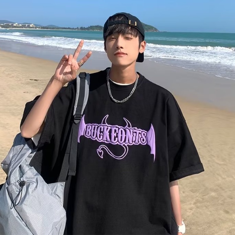 Áo Thun Tay Ngắn Dáng Rộng In Hình Cánh Quỷ Thời Trang Mùa Hè Cho Nam