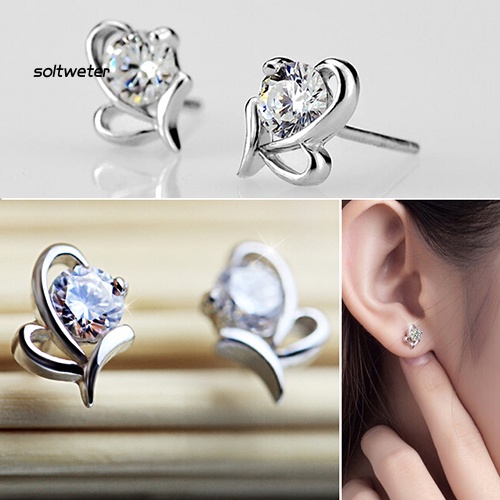 Bông Tai Mạ Bạc 925 Hình Tròn / Trái Tim Đính Đá Zircon Thời Trang Cho Nữ