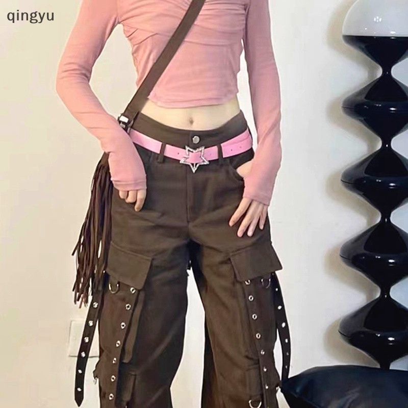 Thắt Lưng Da PU Màu Hồng Đính Ngôi Sao Năm Cánh Bằng Kim Loại Cho Nữ