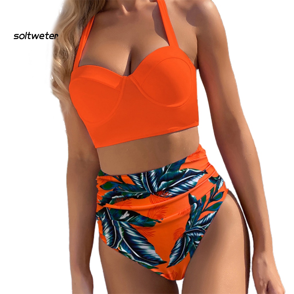 Bộ Đồ Bơi Bikini Hai Mảnh Lưng Cao Có Đệm Ngực In Họa Tiết Lá Cây Dành Cho Nữ