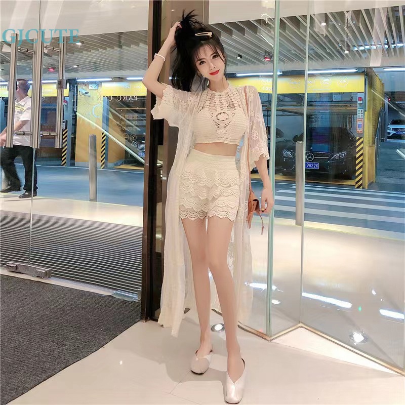 Gjocute Quần Short Dây Rút An Toàn Đi Biển Phối Ren Hoa Khoét Rỗng Kiểu Bohemia Giản Dị WTD