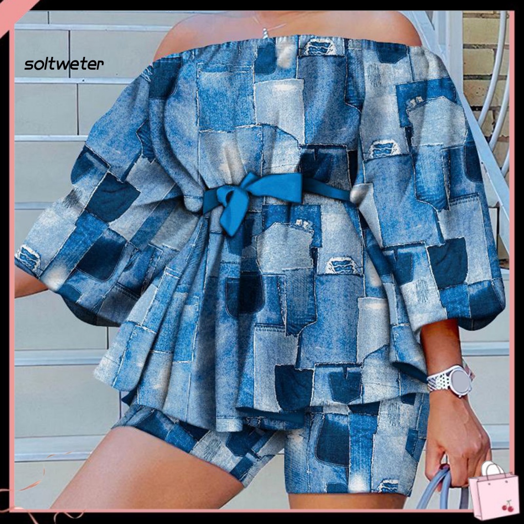 Set Đồ 2 Món Gồm Áo Trễ Vai Tay 3 / 4 Có Diềm Xếp Nếp Và Quần Ngắn Viền Bèo In Họa Tiết Cho Nữ