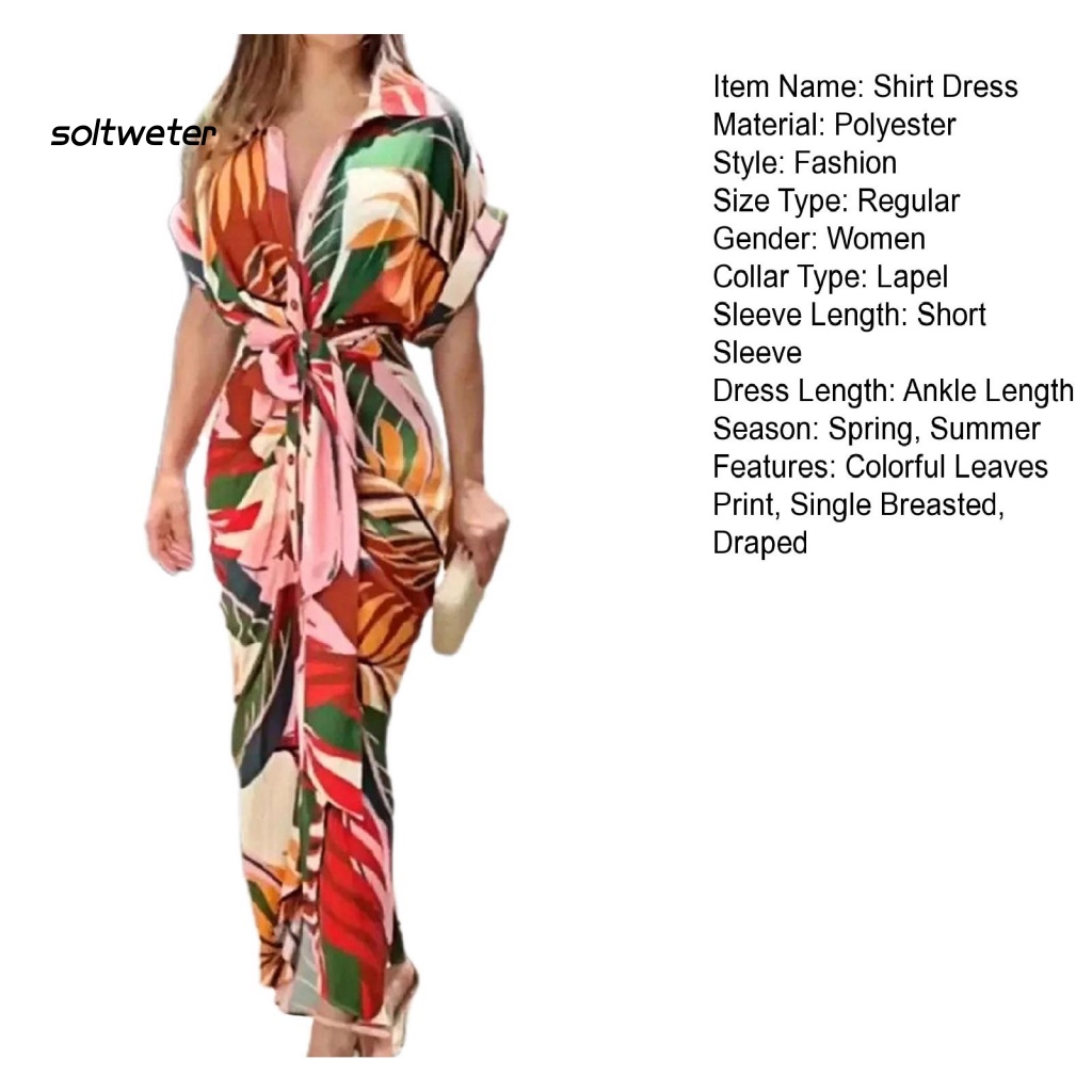 Đầm Sơ Mi Tay Ngắn Cổ Chữ V Eo Cao In Họa Tiết Lá Cây Nhiều Màu Sắc