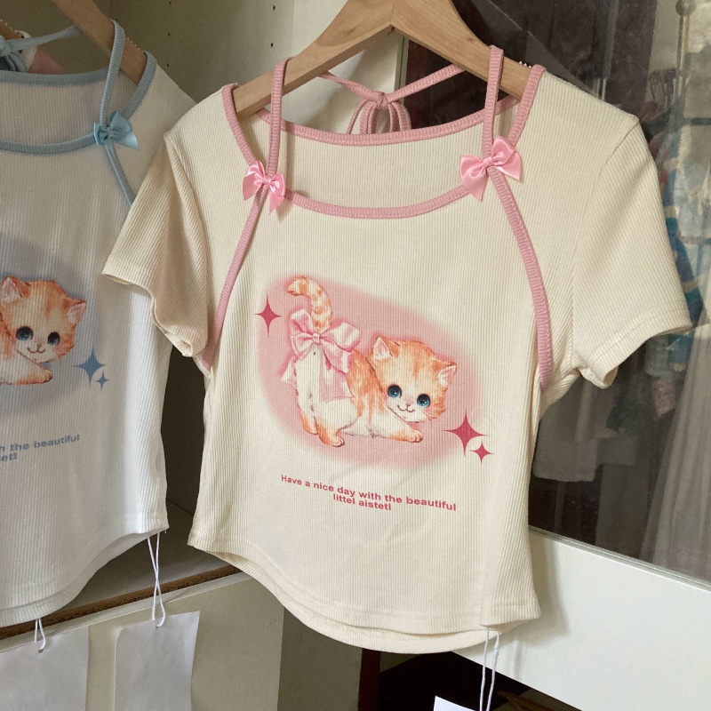 Áo Sơ Mi Ngắn Tay Thắt Nơ Họa Tiết Mèo Dopamine Đáng Yêu Cho Nữ