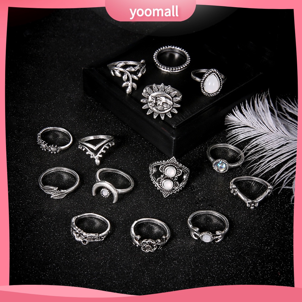 Bộ 14 Nhẫn Đeo Đốt Ngón Tay Họa Tiết Hoa Hướng Dương / Mặt Trăng Phong Cách Vintage Cho Nữ
