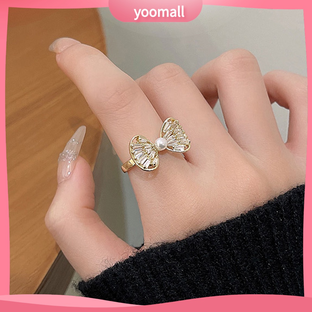 [YM] Nhẫn Đeo Ngón Trỏ Hình Nơ Rỗng Đính Đá Zircon Trọng Lượng Nhẹ Có Thể Điều Chỉnh Trang Sức Cho Nữ