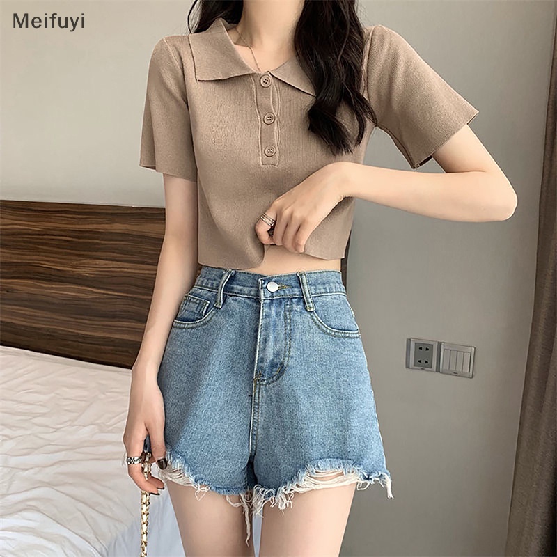 [Meifuyi] Collared Shirt Short Sleeve Striped Casual T-Shirts Knit Button Cropped Tops COD