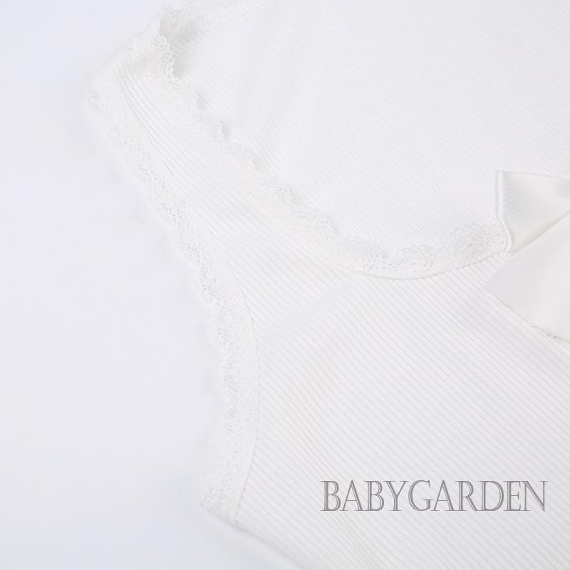 / / - Áo Crop Top Không Tay Thắt Nơ Trước Phối Ren Thời Trang Mùa Hè Cho Nữ