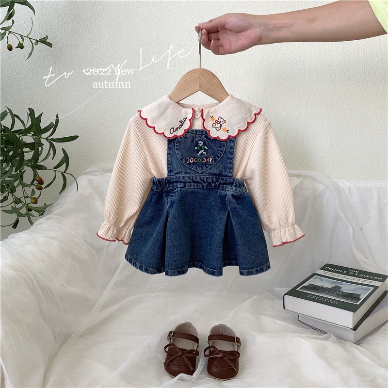 Bộ Áo Cổ Búp Bê + Chân Váy Yếm Denim Phong Cách Hàn Quốc Thời Trang Mùa Thu Mới Cho Bé Gái