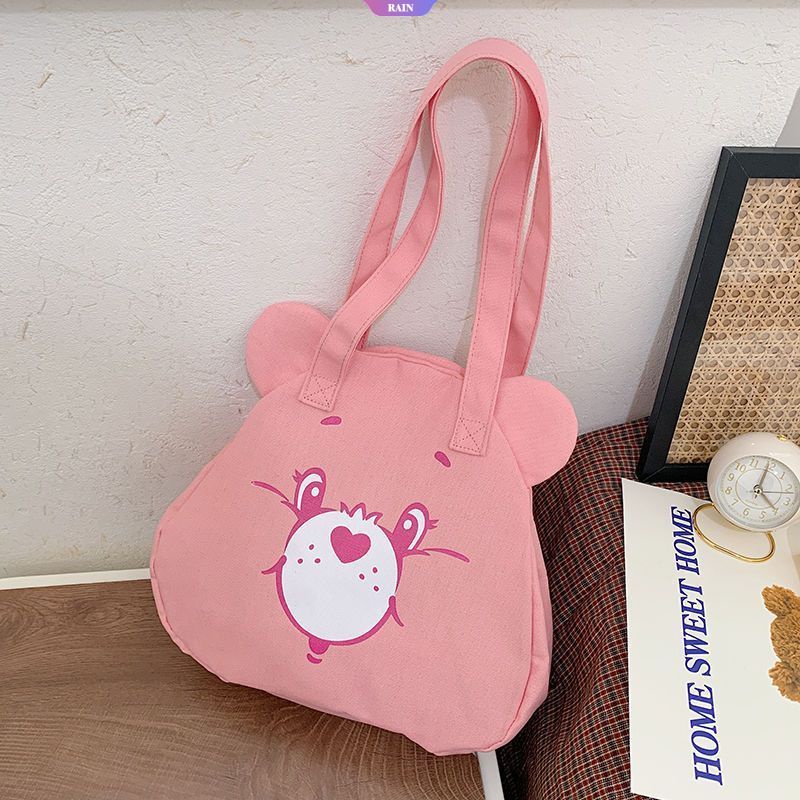 Túi Tote Đeo Vai / Xách Tay Bằng Vải Bạt Kích Thước Lớn In Họa Tiết Gấu Hoạt Hình Nhật Hàn Dễ Thương Cho Nữ