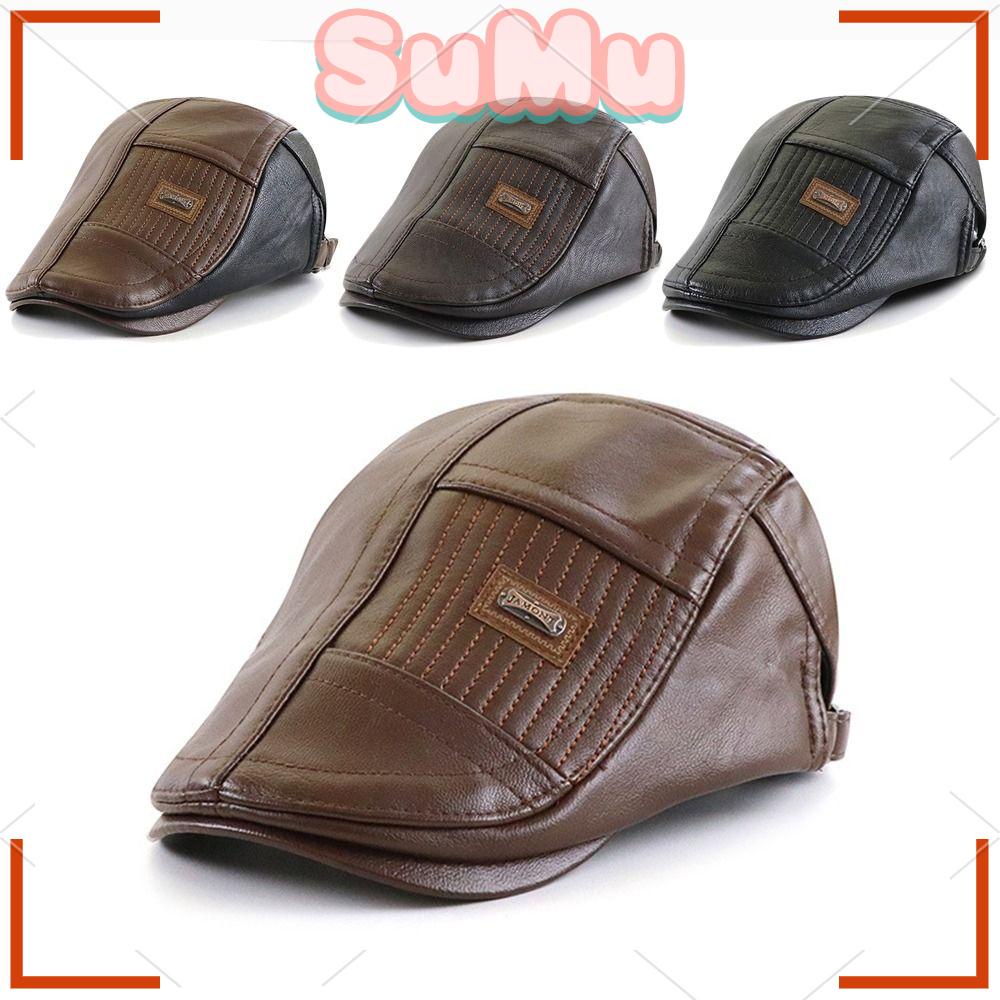 SUMU Mũ Beret Da PU Lót Nhung Giữ Ấm Cho Nam