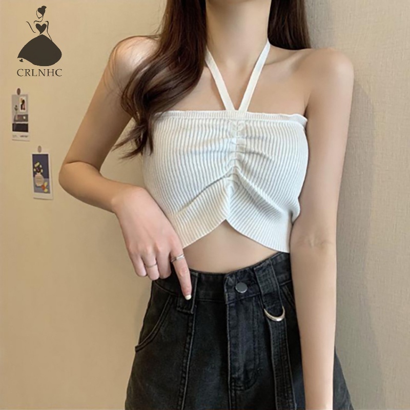 Áo croptop CRLNHC dệt kim hai dây dáng ngắn thời trang mùa hè cho nữ