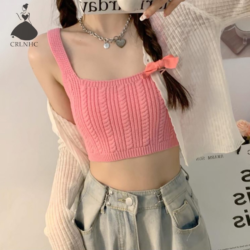 Áo Croptop Dệt Kim Không Tay Dáng Ôm Màu Kẹo Ngọt Thời Trang Mùa Hè Dành Cho Bạn Nữ