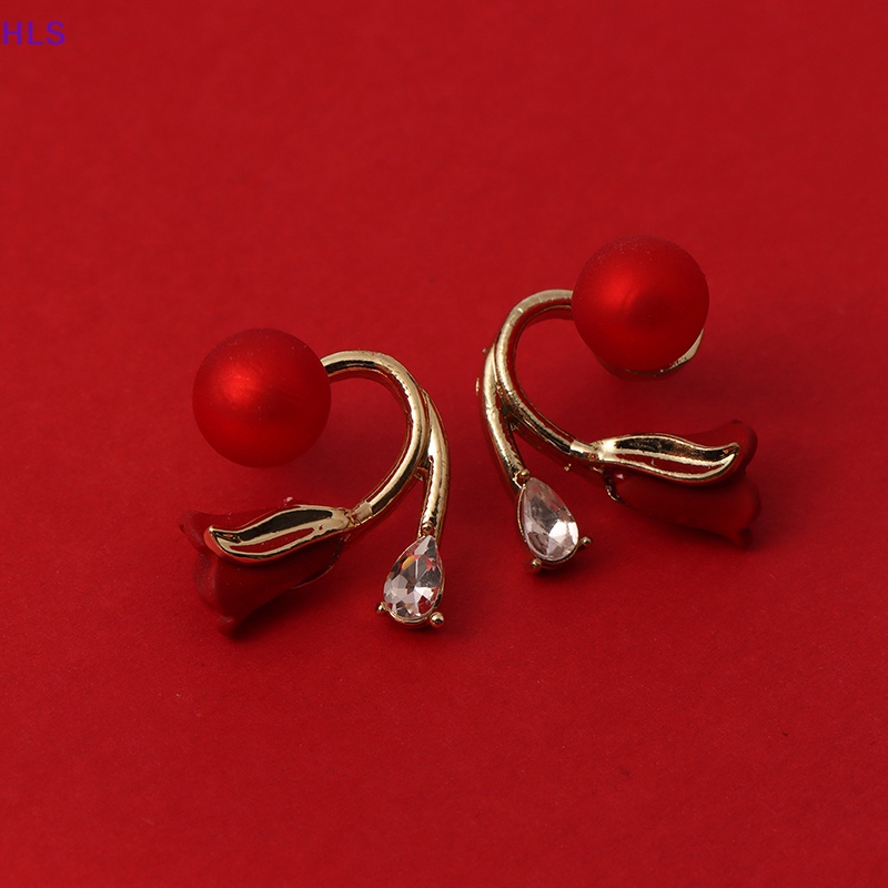 Bông Tai Hình Hoa Đính Ngọc Trai Giả Màu Đỏ Thiết Kế Thanh Lịch Thời Trang Cho Nữ