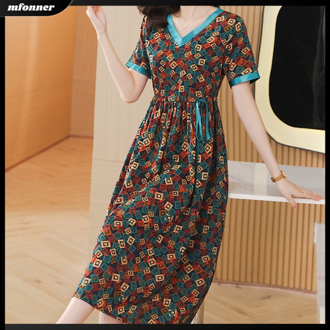 Đầm Midi Tay Ngắn Cổ Chữ V Eo Cao Màu Sắc Tương Phản Thanh Lịch Dành Cho Nữ