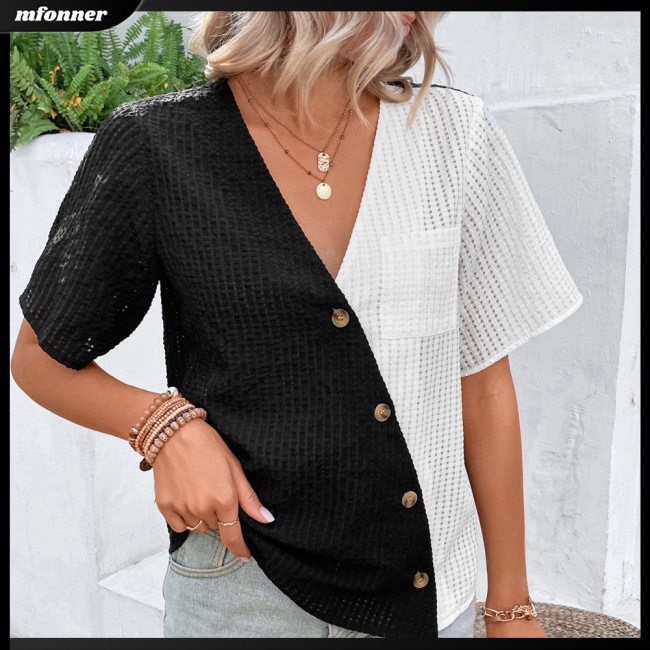 Áo Dệt Kim Tay Ngắn Cổ Chữ V Màu Sắc Tương Phản Thời Trang Cho Nữ