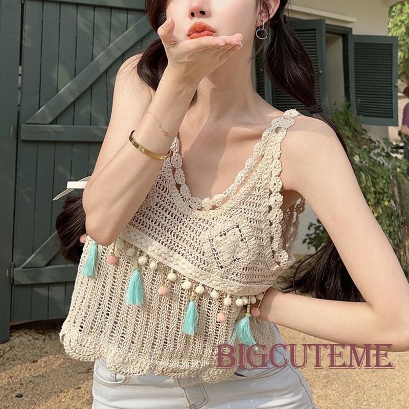 Áo Dệt Kim Sát Nách Cổ Chữ V Phối Tua Rua Thời Trang Đi Biển Mùa Hè Cho Nữ