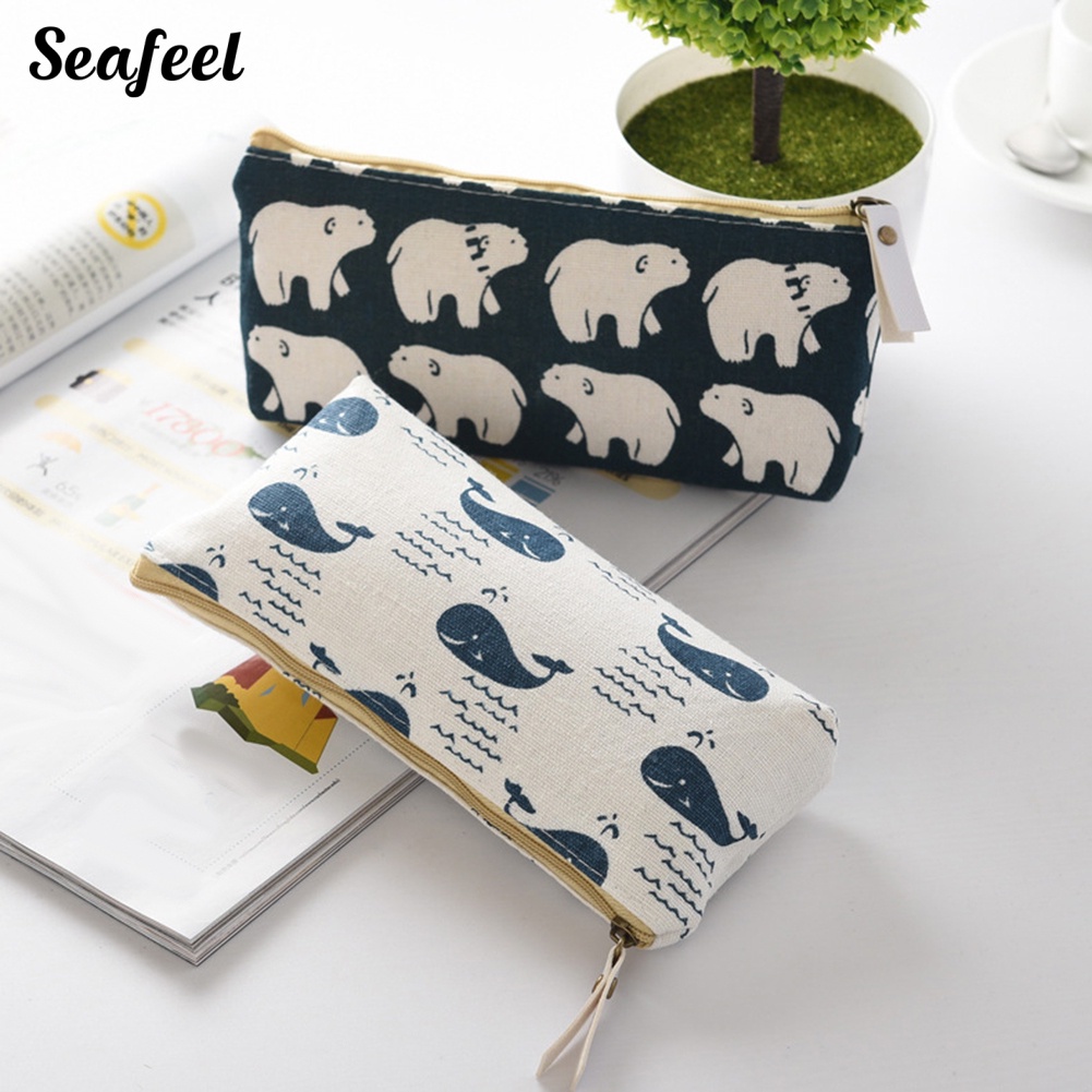 Túi Đựng Bút Bằng Vải Lanh Cotton Họa Tiết Cá Voi Gấu Hoạt Hình Dễ Thương