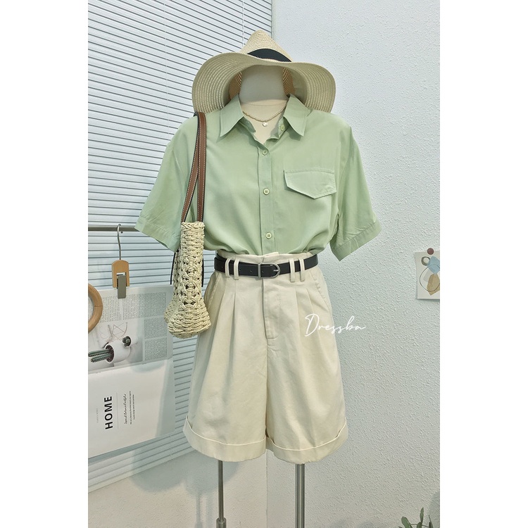 Áo Sơ Mi Tay Ngắn Có Túi Màu Trơn Phong Cách Hàn Quốc Thời Trang Mùa Hè Mới Cho Nữ